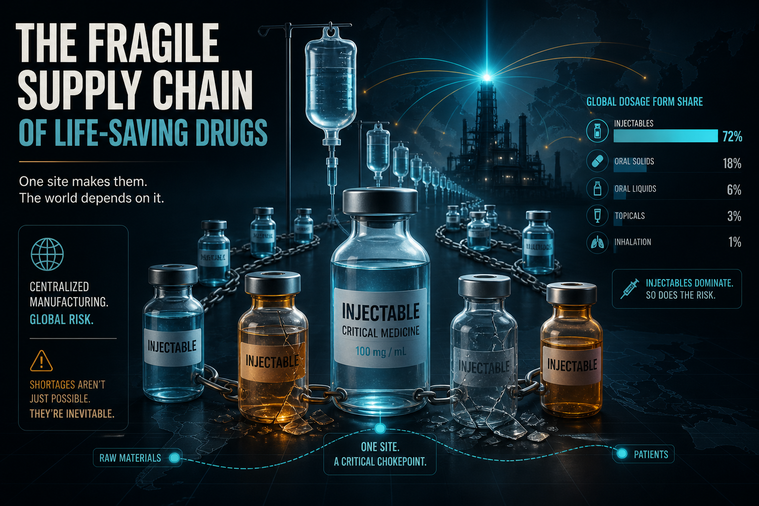 Dark navy cinematic viz of glowing hospital vials and a single factory beacon marking sterile-injectable supply risk