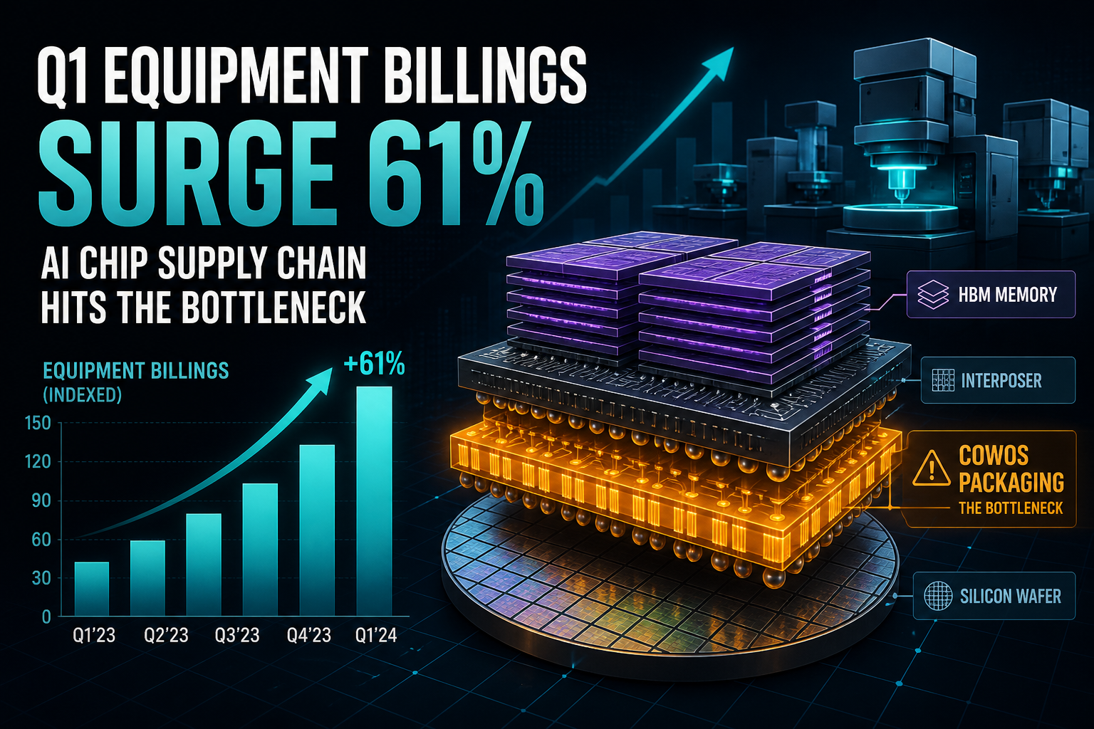Dark navy data-viz hero of a layered chip stack with amber CoWoS bottleneck glow and rising Q1 equipment billings bars