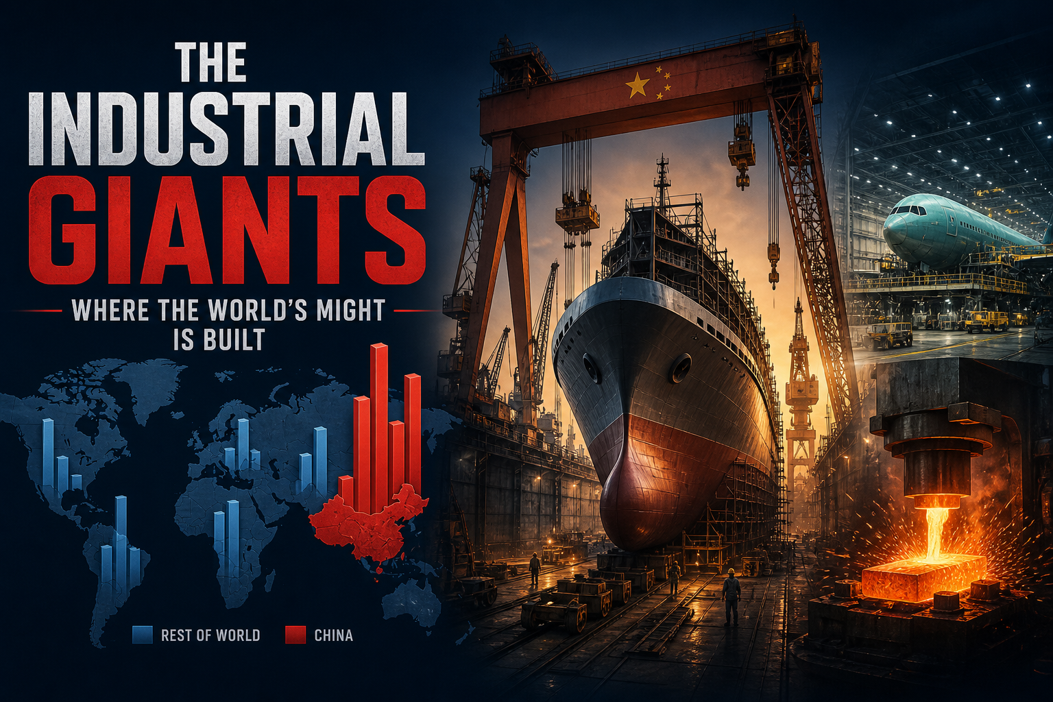 Dark navy cinematic shipyard dry dock with gantry cranes and glowing concentration bars — heavy industrial capacity builder base