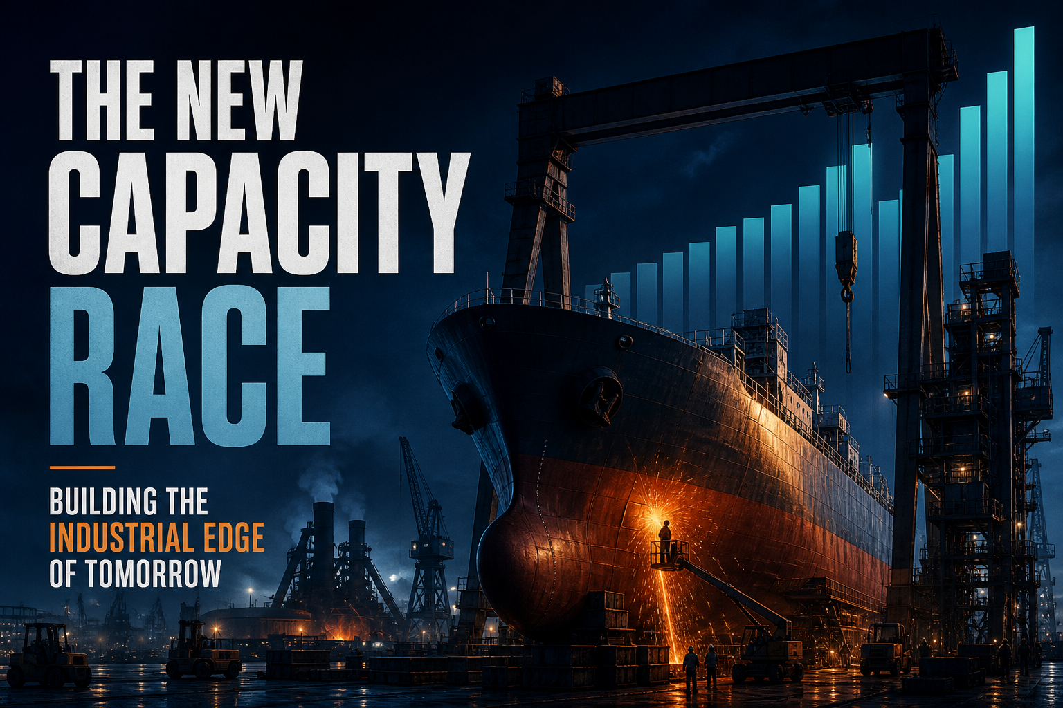 Dark navy cinematic shipyard dry dock with gantry cranes, welding glow, and teal concentration bars — heavy industrial capacity vintage update