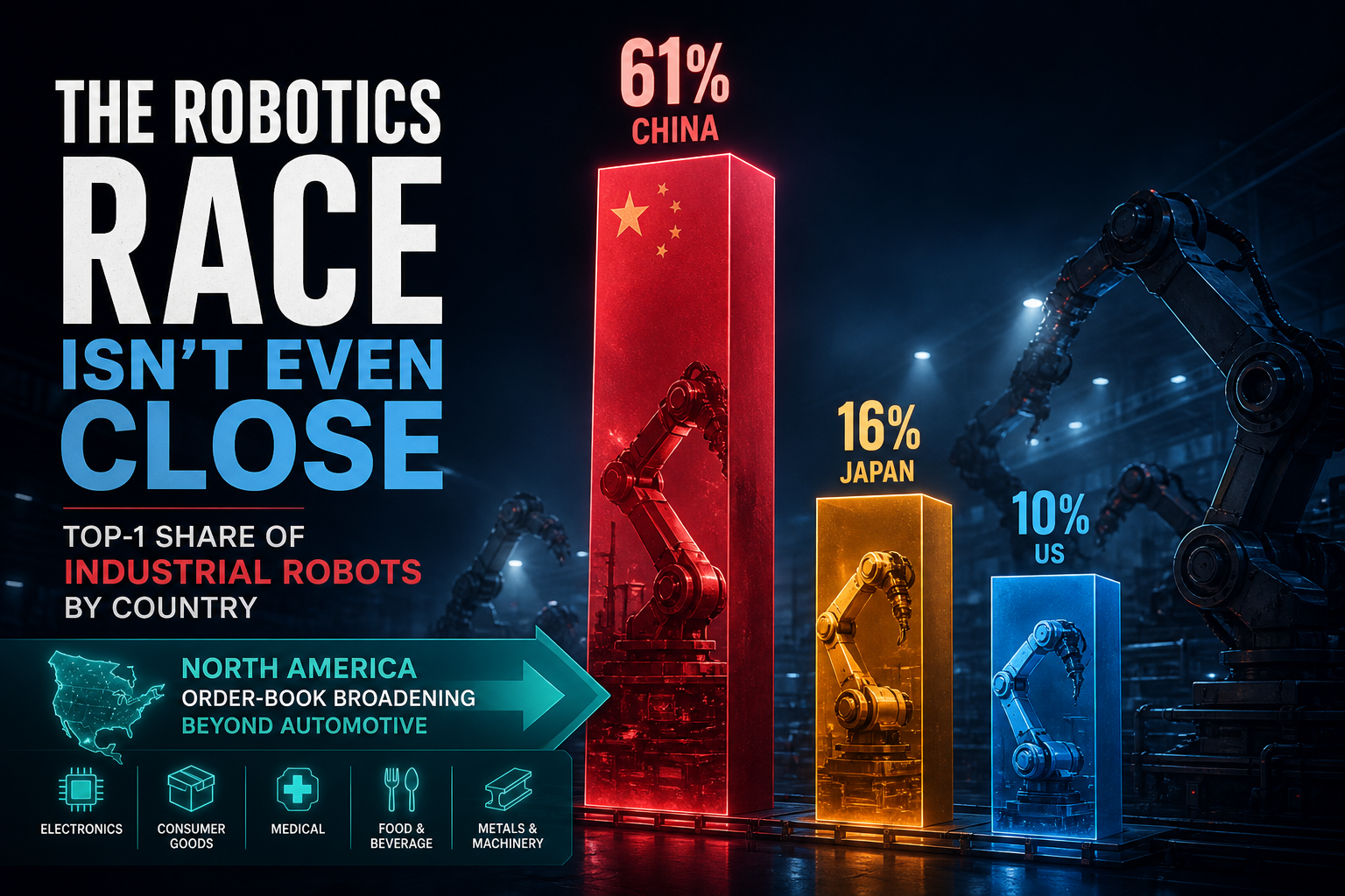 Dark navy cinematic factory scene with a towering rose China Top-1 concentration bar beside smaller Japan and US robot-arm columns and a teal North American order-book ribbon