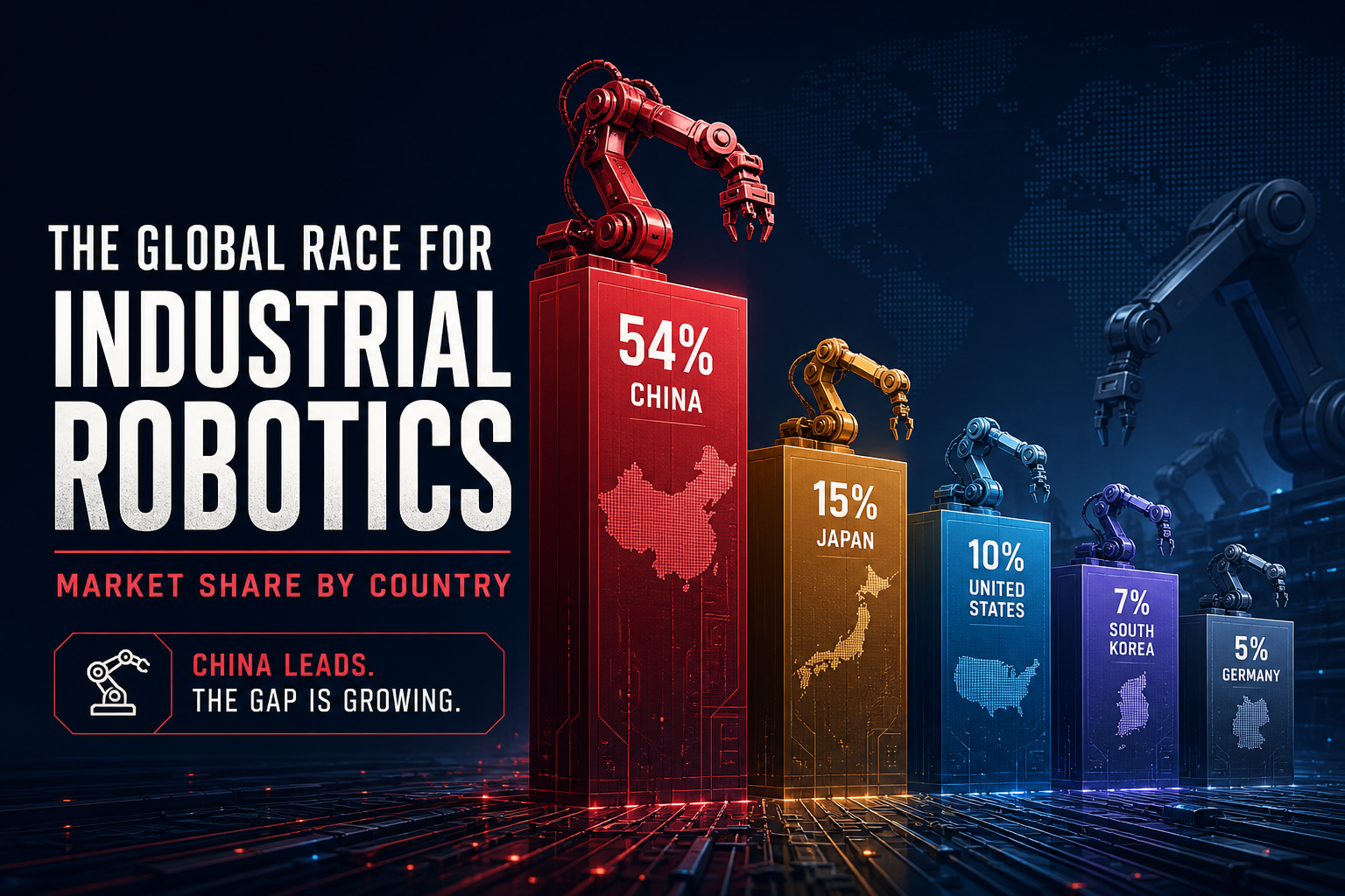 Dark navy cinematic factory scene with a towering rose China concentration bar beside smaller Japan US Korea Germany robot-arm share columns, Visual Capitalist–style data-viz hero