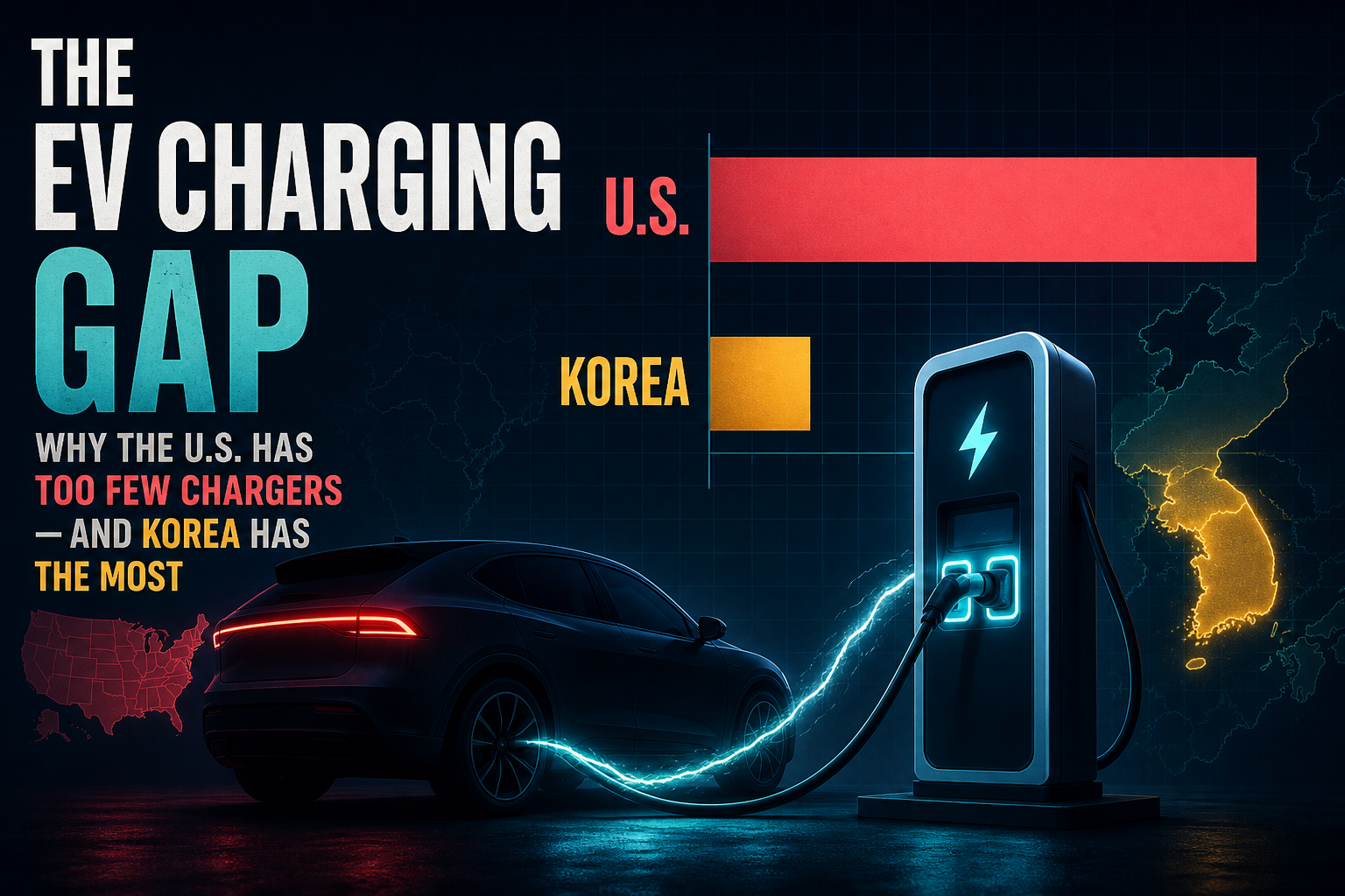 Dark navy cinematic illustration of a DC fast charger and electric car beside bold country coverage bars in teal and rose