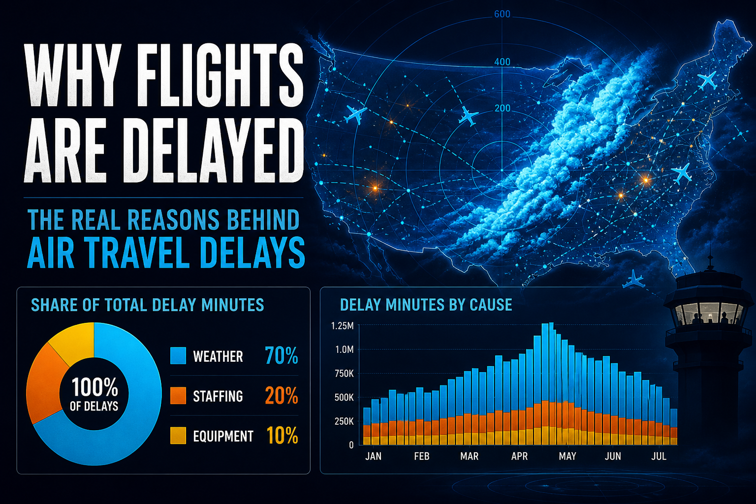 Dark navy radar-scope data visualization with cyan weather delay bars and amber staffing segments over a stylized US airspace silhouette