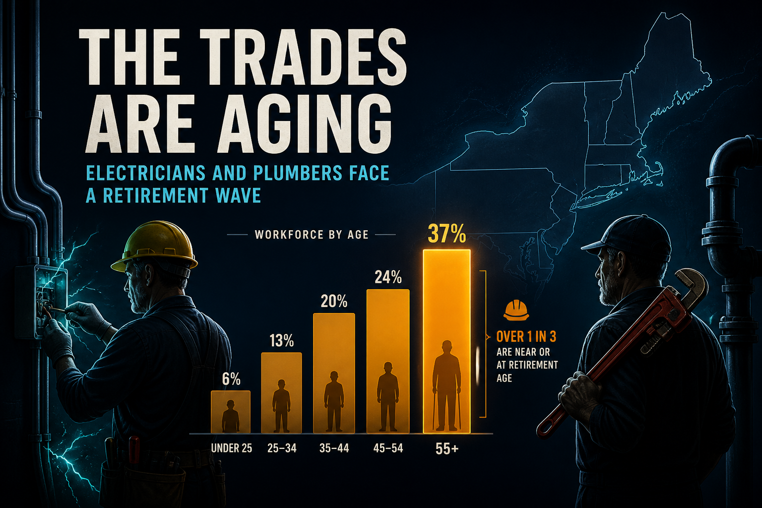 Dark navy cinematic illustration of electrician and plumber silhouettes flanking an amber age-cohort chart highlighting near-retirement shares