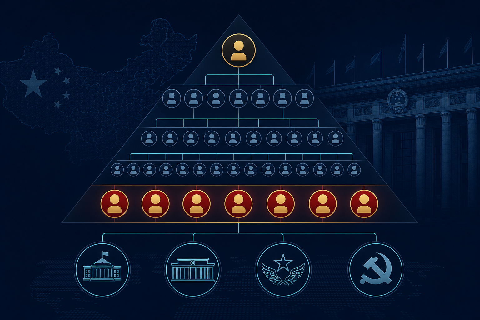 CCP nomenklatura hierarchy — from National Congress delegates to the seven-member Politburo Standing Committee