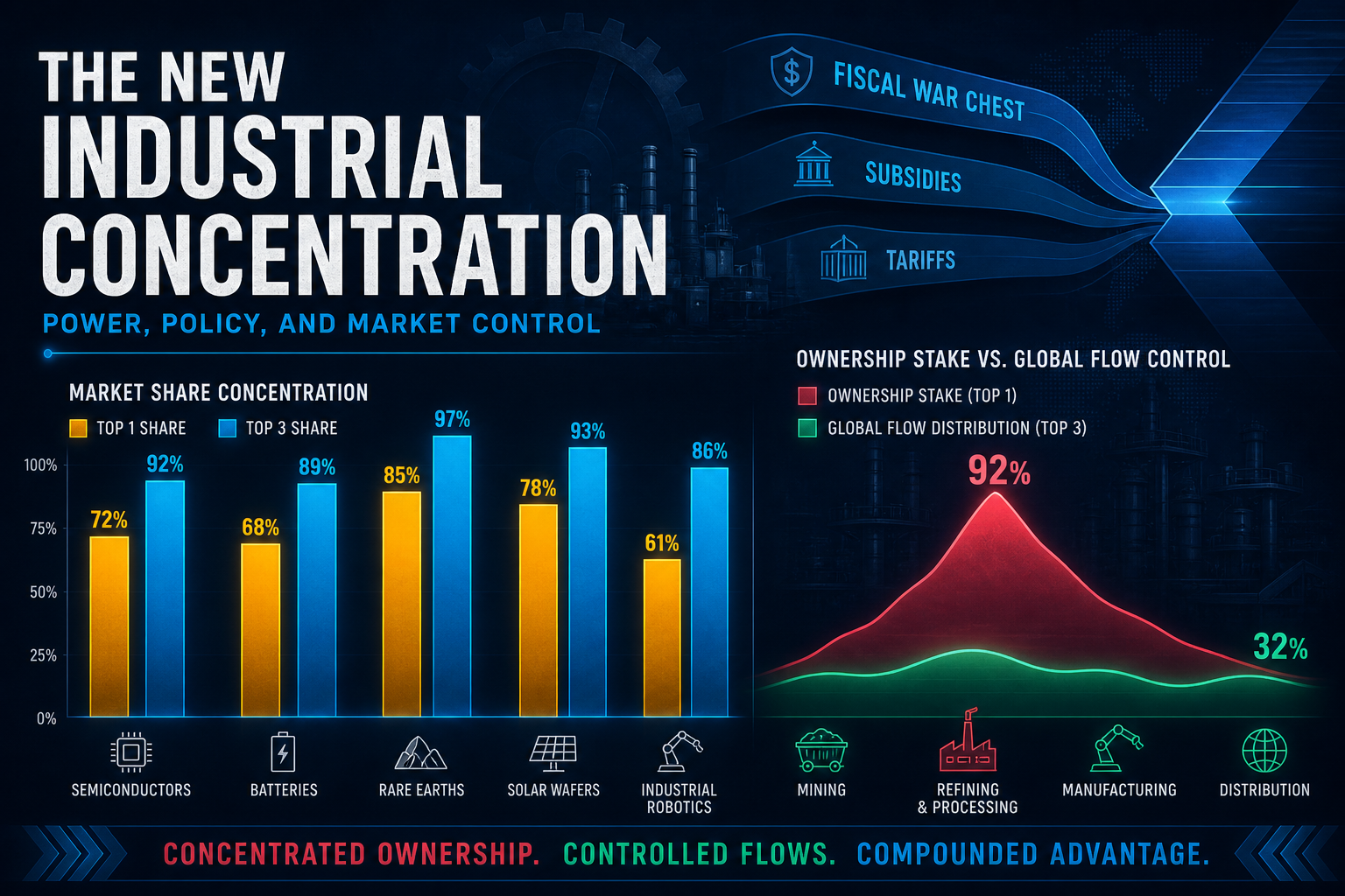 Dark navy cinematic data-viz of glowing top-1 and top-3 industrial-policy concentration bars with amber, cyan, rose ownership, and emerald monthly-flow accents