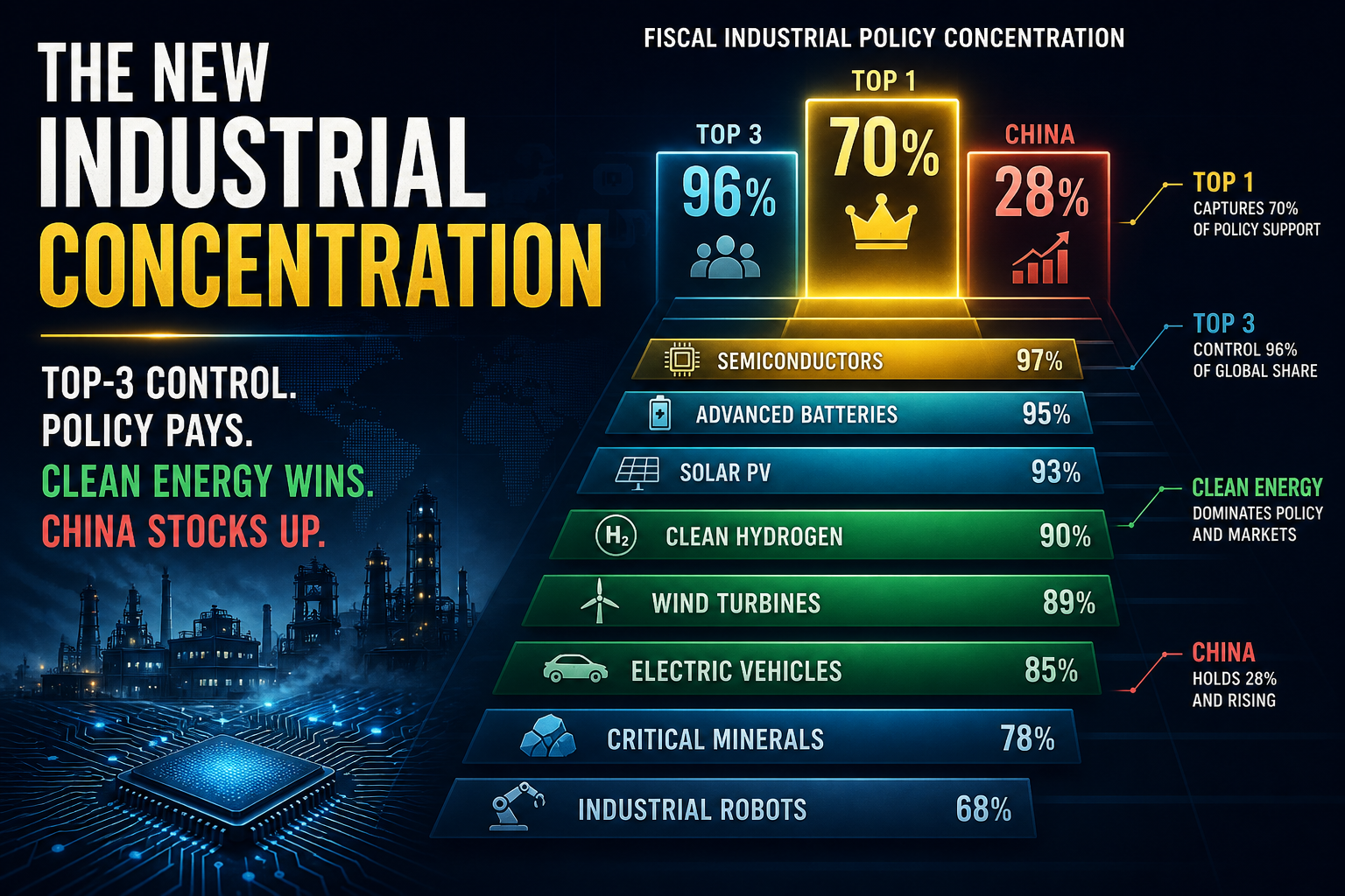Dark navy cinematic data-viz of glowing top-1 and top-3 industrial-policy concentration bars with amber, cyan, and emerald fiscal war-chest accents