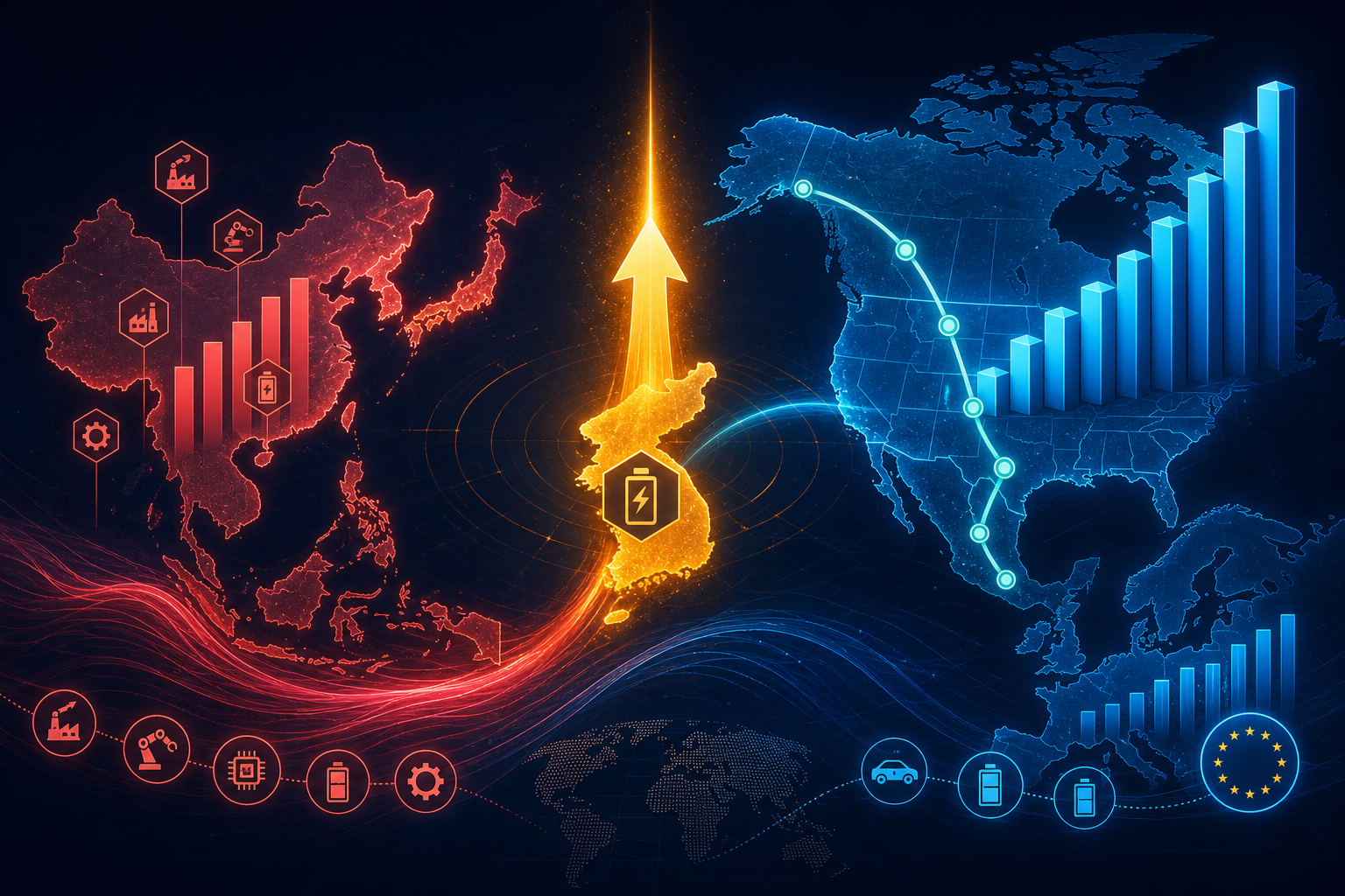 Dark navy cinematic map of East Asia, North America, and Europe with cyan package-dollar bars, rose stock-count markers, amber Korea mega-plan spike, and teal USMCA battery corridor nodes