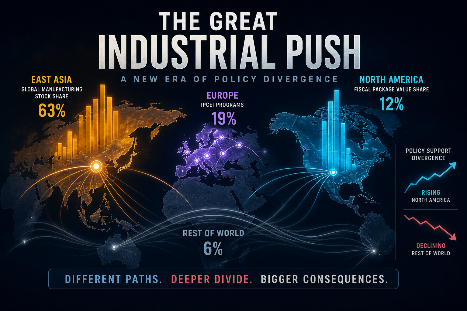 Dark navy cinematic world map with amber East Asia stock arcs, cyan North America package beams, violet Europe nodes, and slate rest-of-world flow waves