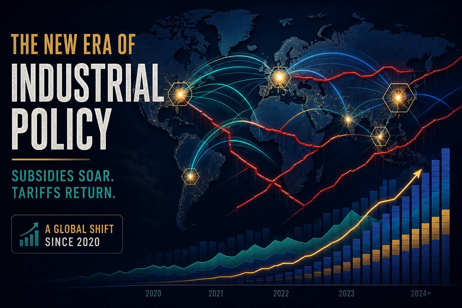 Dark navy data-visualization hero of global subsidy flows and tariff barriers reshaping industrial policy