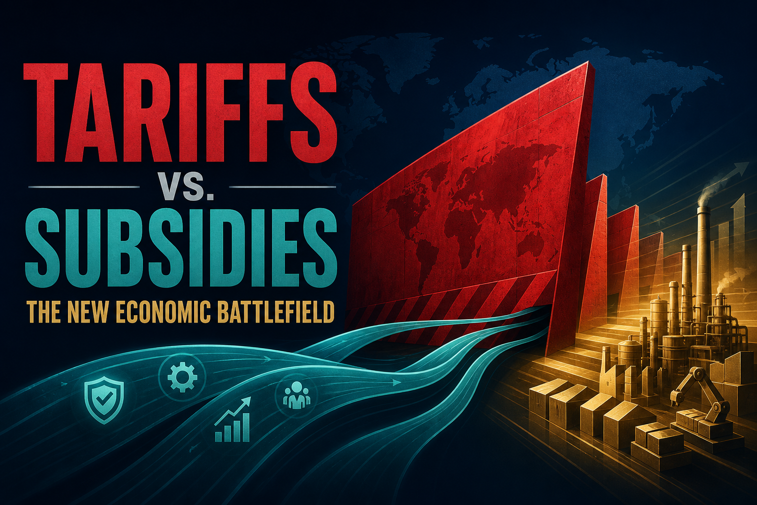 Dark navy data-viz hero of red tariff barrier planes intersecting teal subsidy flows across a ghost world map