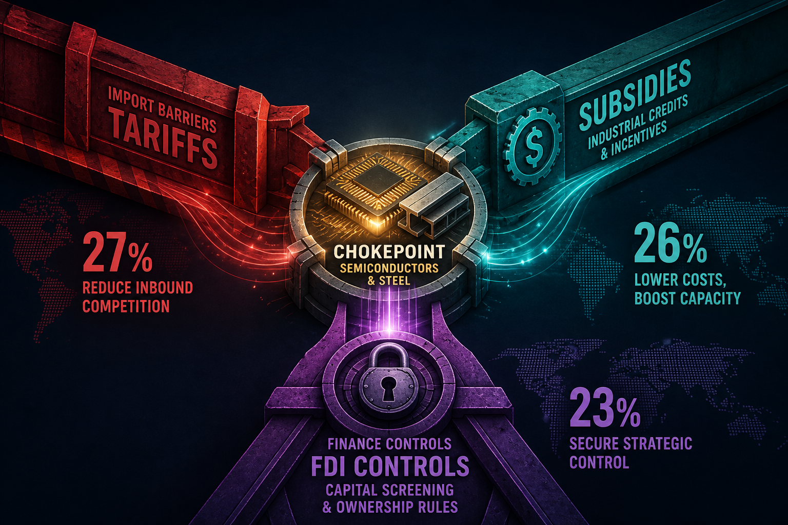 Dark navy cinematic data-viz of three industrial-policy pillars—crimson tariff wall, teal subsidy beam, violet FDI lock—converging on a semiconductor-steel chokepoint