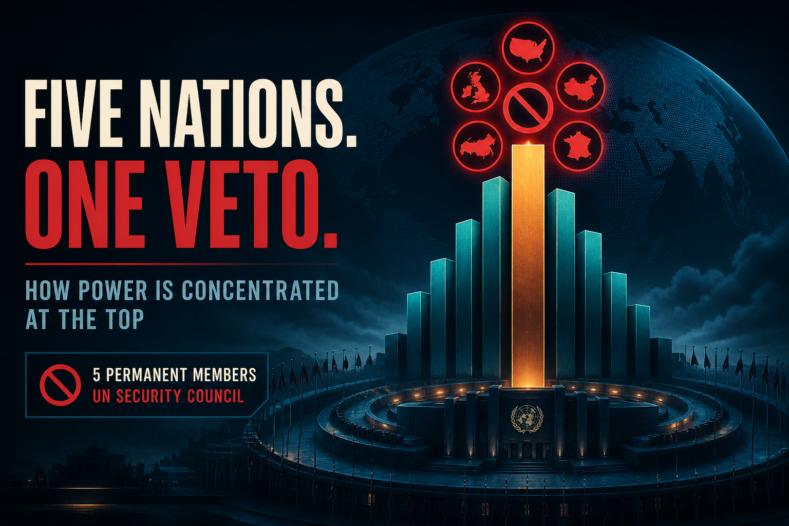 Dark navy cinematic hero of teal-amber institutional concentration bars rising toward five glowing crimson veto seals, Visual Capitalist–style governance data viz