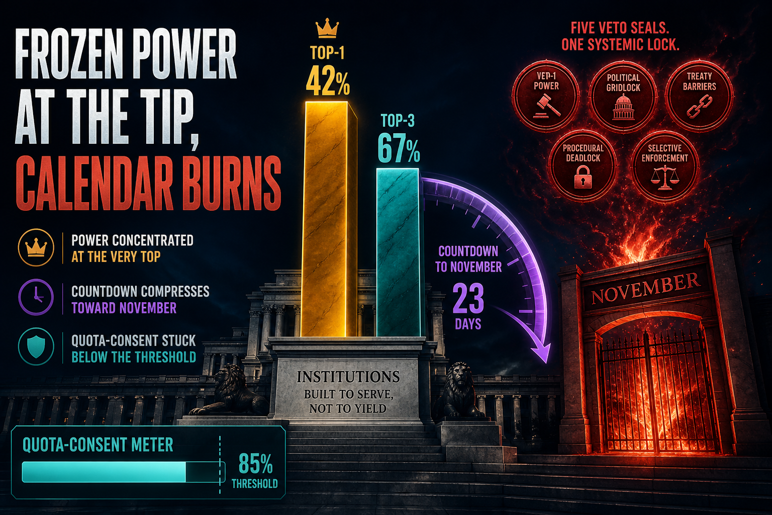Dark navy cinematic data-viz of amber Top-1/Top-3 concentration bars beside a purple compressing clock arc and five crimson veto seals, Visual Capitalist–style governance thumbnail