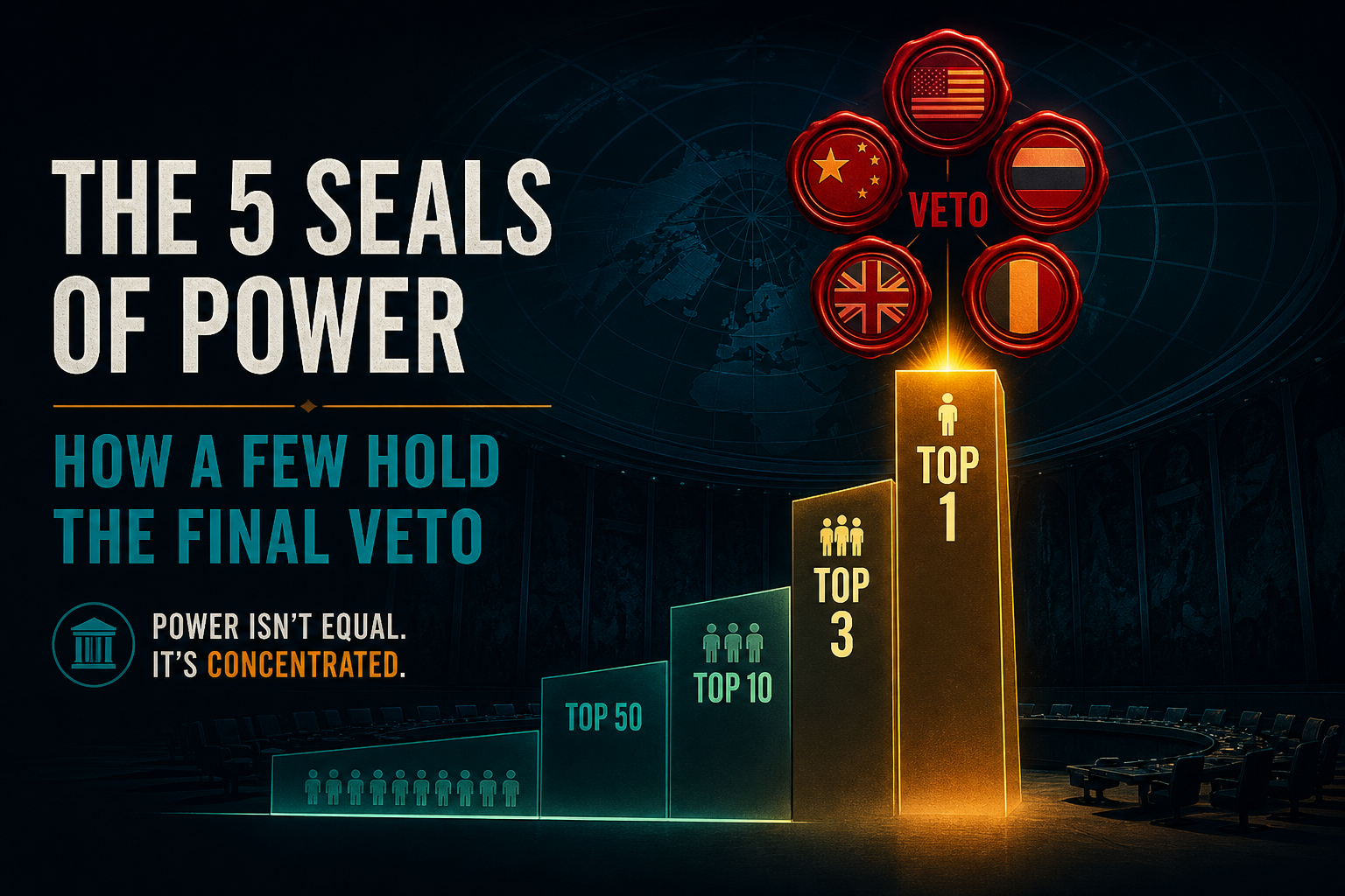 Dark navy cinematic data-viz of teal-amber institutional concentration bars rising toward five glowing crimson veto seals, Visual Capitalist–style governance thumbnail