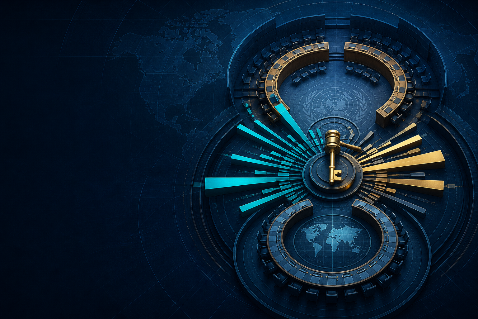 Dark navy institutional hierarchy visualization with unequal teal vote-weight bars radiating from a Security Council–style chamber and key motif