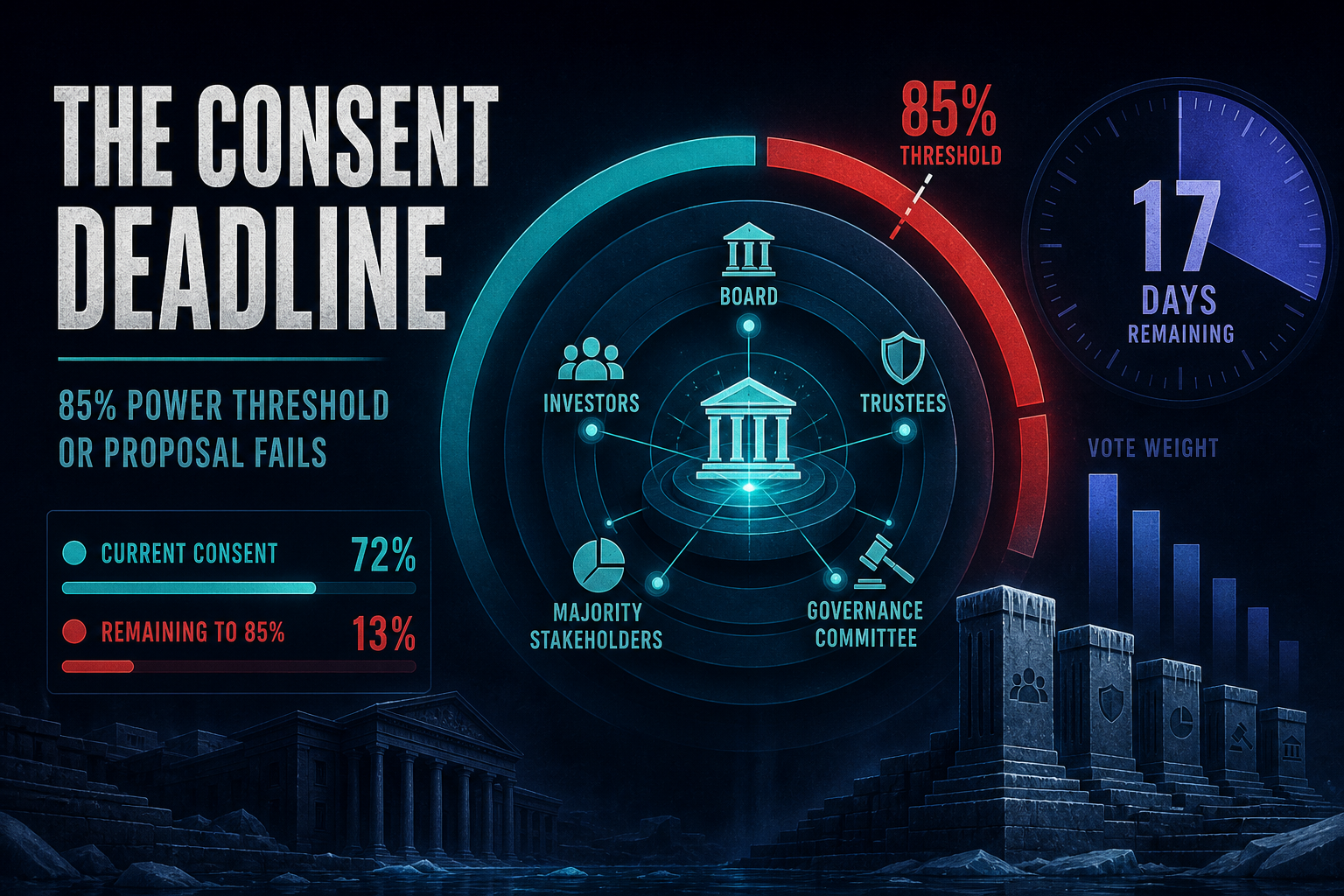 Dark navy cinematic hero of teal institutional authority rings around a glowing governance node with a crimson shortfall arc and indigo countdown dial toward an 85 percent threshold