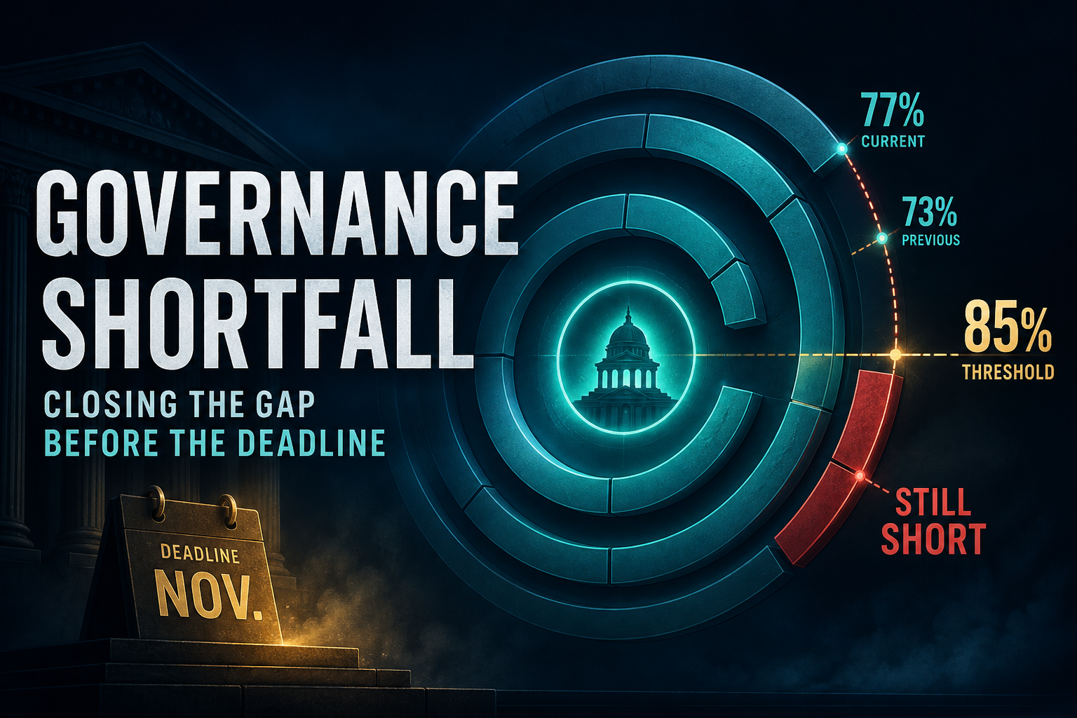 Dark navy cinematic hero of incomplete teal institutional authority rings around a glowing governance node with a crimson shortfall arc toward an 85 percent threshold