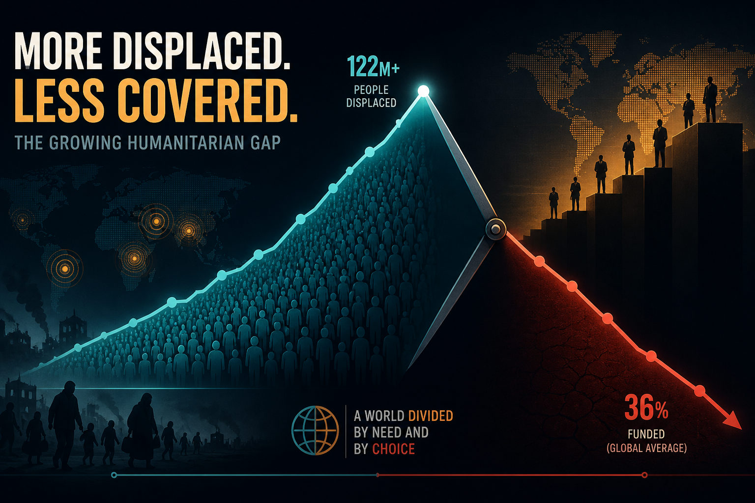 Dark navy data visualization of global forced displacement rising while humanitarian appeal funding coverage collapses