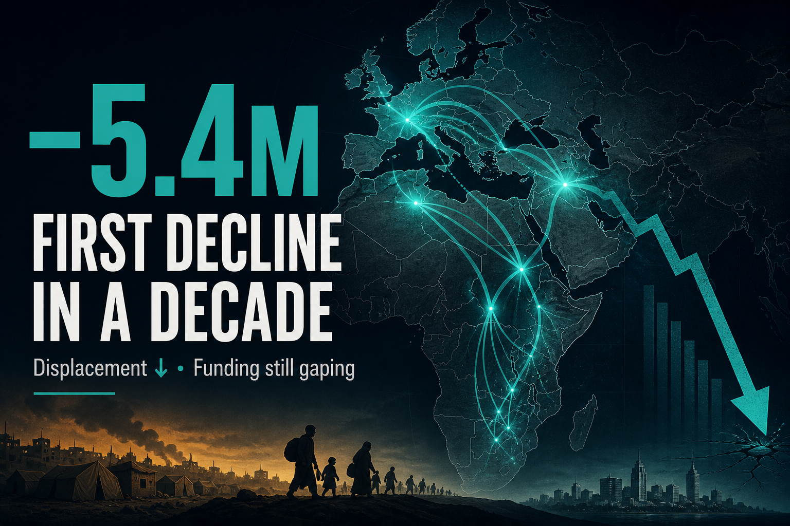 Dark navy data-viz hero with teal −5.4M callout and first-decade-decline migration corridor arcs