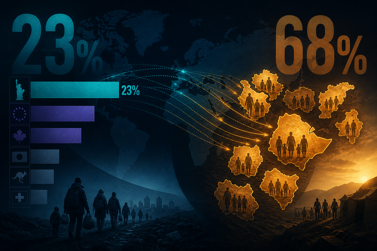 Dark navy cinematic data viz with teal donor-concentration bars, amber host-burden clusters, and dotted migration arcs across a subtle world map
