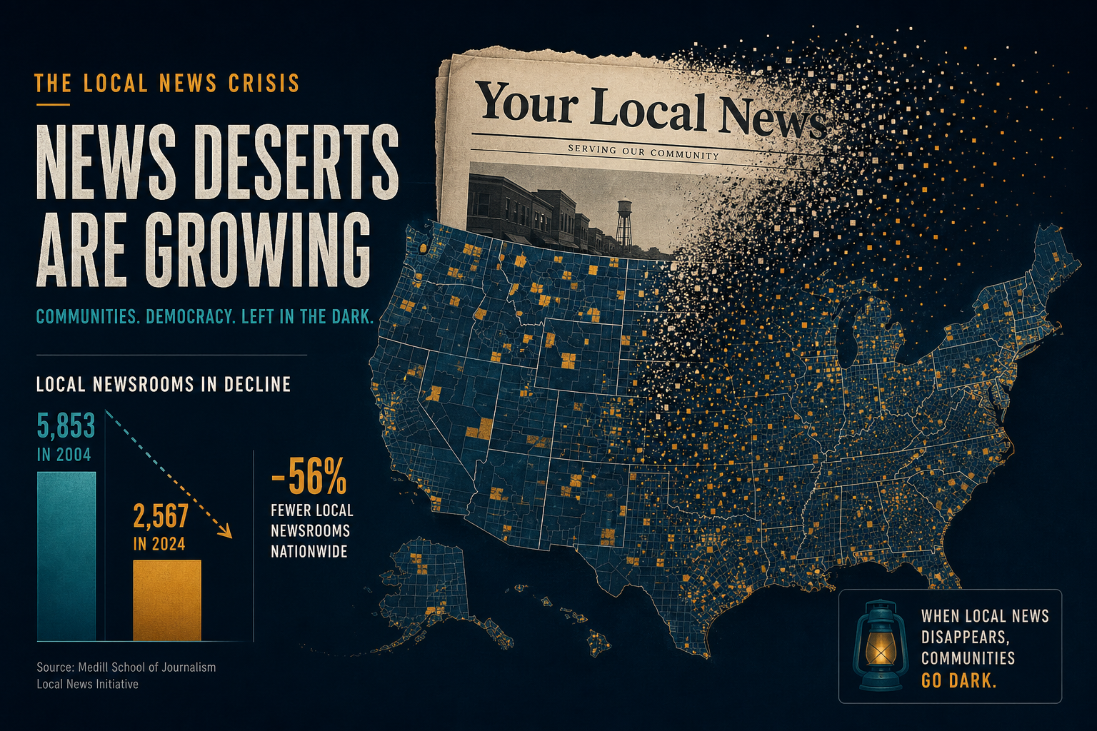 Dark navy cinematic map of U.S. counties with amber empty-masthead motifs marking news deserts and sparse local outlets