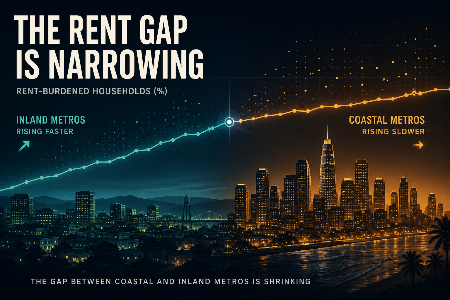 Dark navy cinematic split skyline with teal inland towers and amber coastal towers under two converging rent-burden trend lines, Visual Capitalist-style data editorial