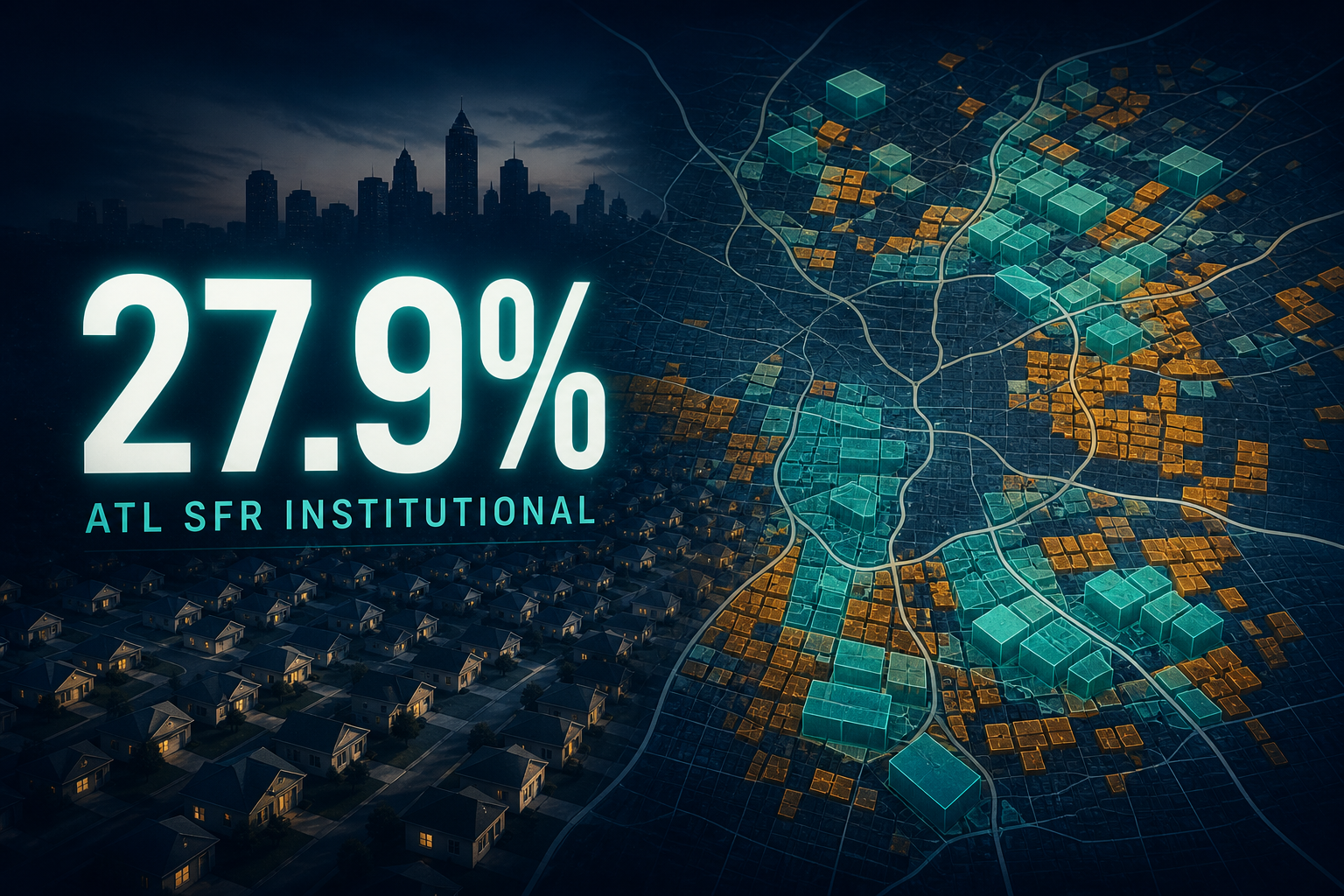 Dark navy cinematic data-viz of suburban house parcels consolidating into institutional ownership blocks with a glowing 27.9% Atlanta SFR share callout