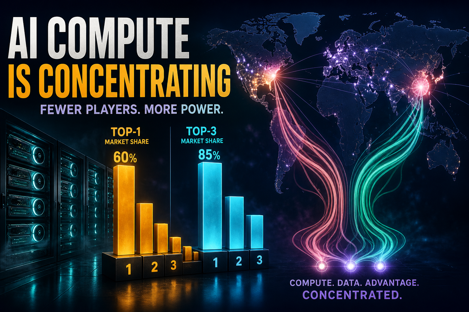 Dark navy cinematic data-viz of amber Top-1/Top-3 concentration bars beside glowing GPU racks and a hub-map of US and China data-center dots