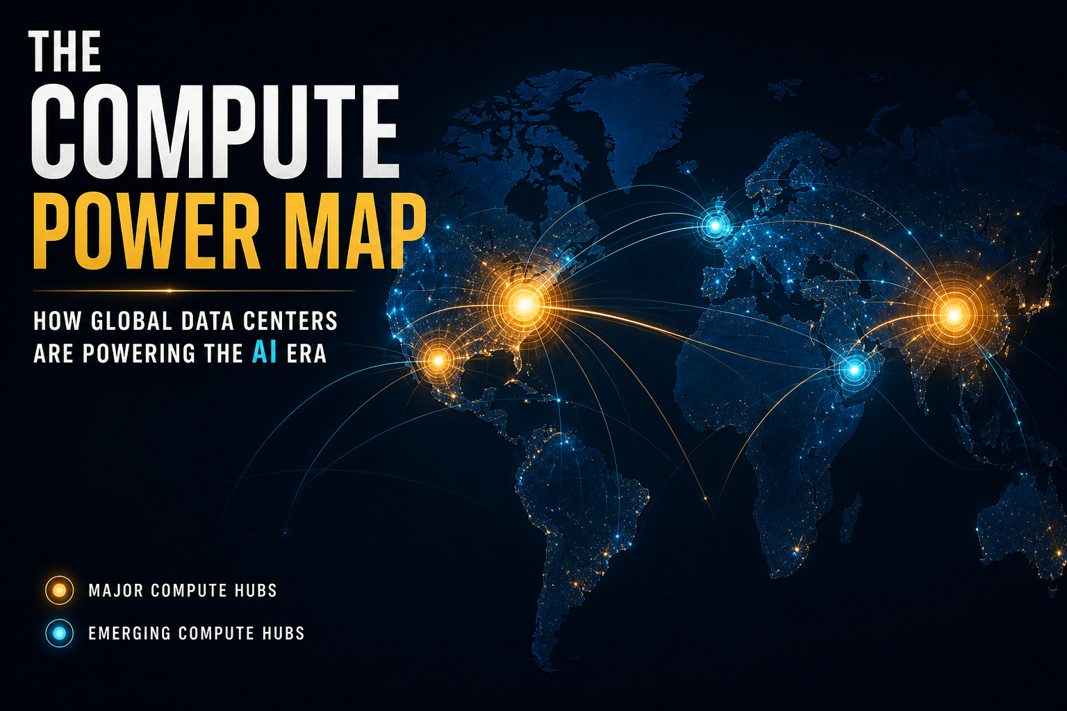Dark navy cinematic world map with glowing cyan US compute hubs, amber China nodes, and network arcs linking Northern Virginia, Beijing, Texas, Dublin, and Gulf campuses