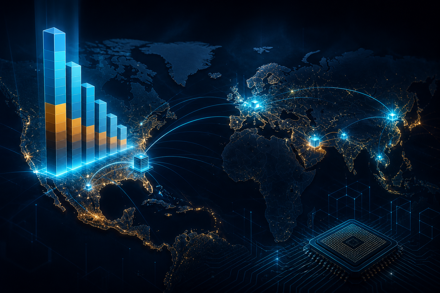 Dark navy cinematic map of global AI compute ownership with glowing US-concentrated data-center nodes and hyperscaler capacity stacks