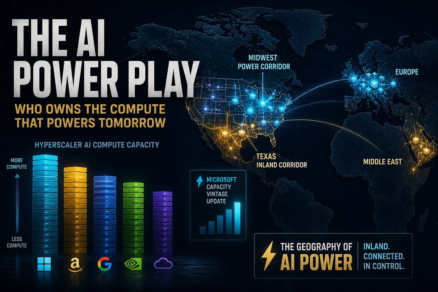 Dark navy cinematic map of AI compute ownership with glowing US inland data-center nodes and vintage-delta capacity stacks