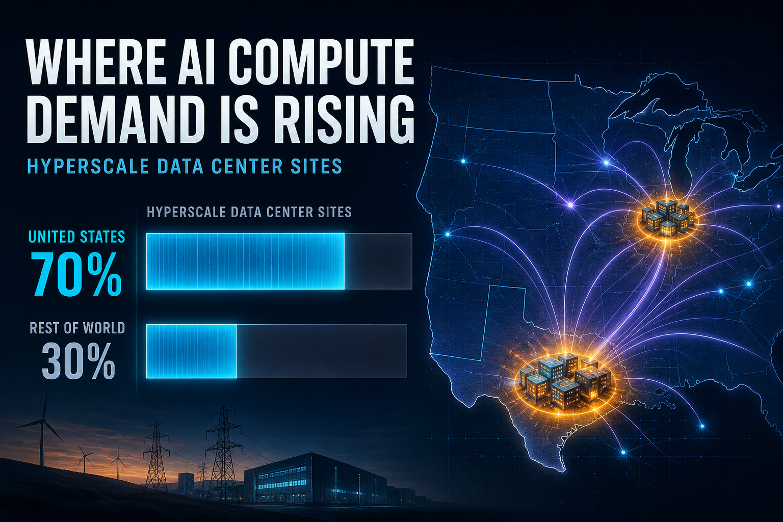Dark navy cinematic data visualization of US inland hyperscale data-center sites with cyan capacity stacks and amber Midwest-Texas campus nodes