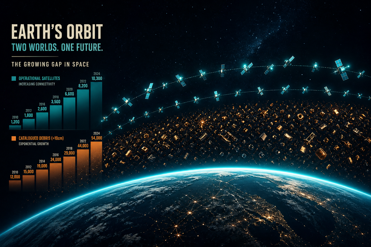 Dark navy cinematic Earth limb with an orange debris shell and teal operational satellite ring in mid-LEO, subtle stepped catalog-count bars in the starfield