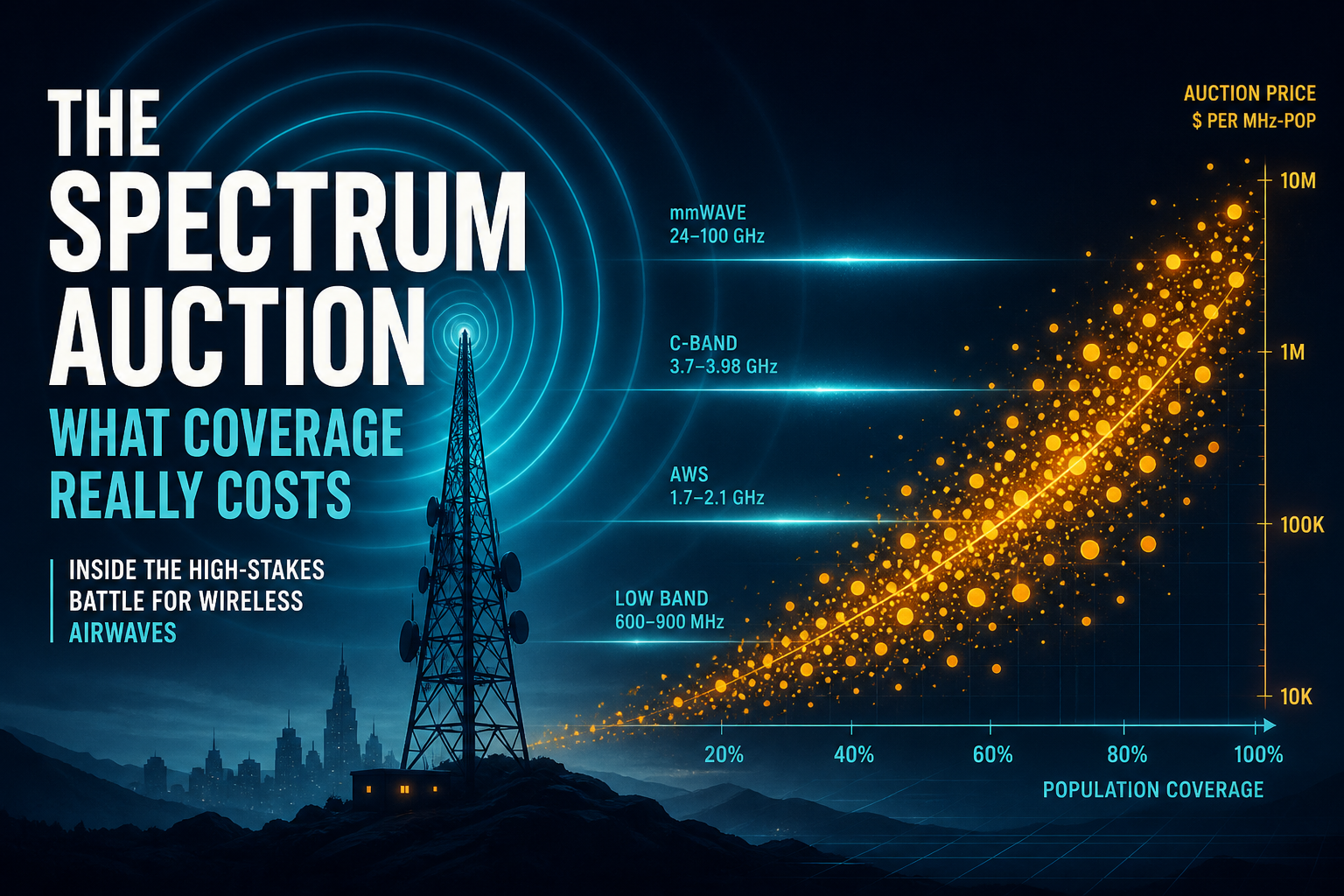 Dark navy cinematic illustration of cyan radio waves from a tower intersecting amber auction-price data points across frequency bands
