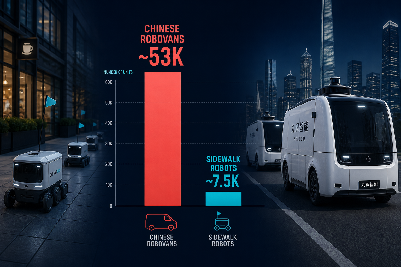Global last-mile delivery robotics fleet comparison — Chinese robovans dwarf Western sidewalk robots on a dark navy data visualization