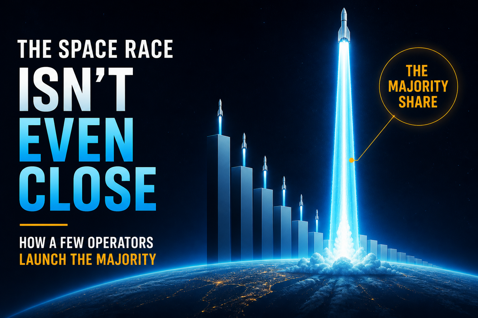 Dark navy cinematic space hero with cyan rocket launch trails and geometric operator-share bars rising against Earth’s limb