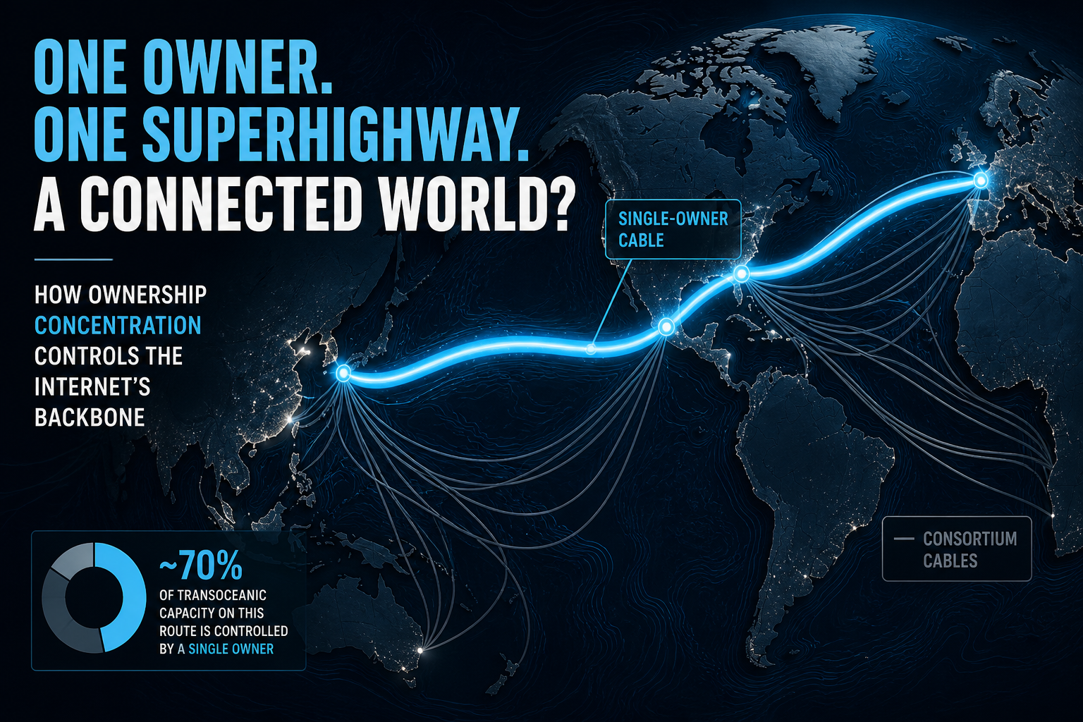 Dark navy cinematic ocean map with a thick cyan single-owner submarine cable contrasted against thinner slate consortium routes