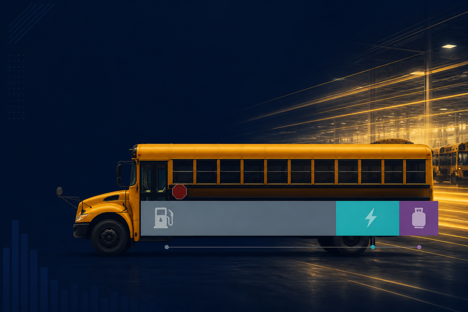 Dark navy cinematic school-bus silhouette with stacked diesel-majority fuel-mix bar in teal and amber accents