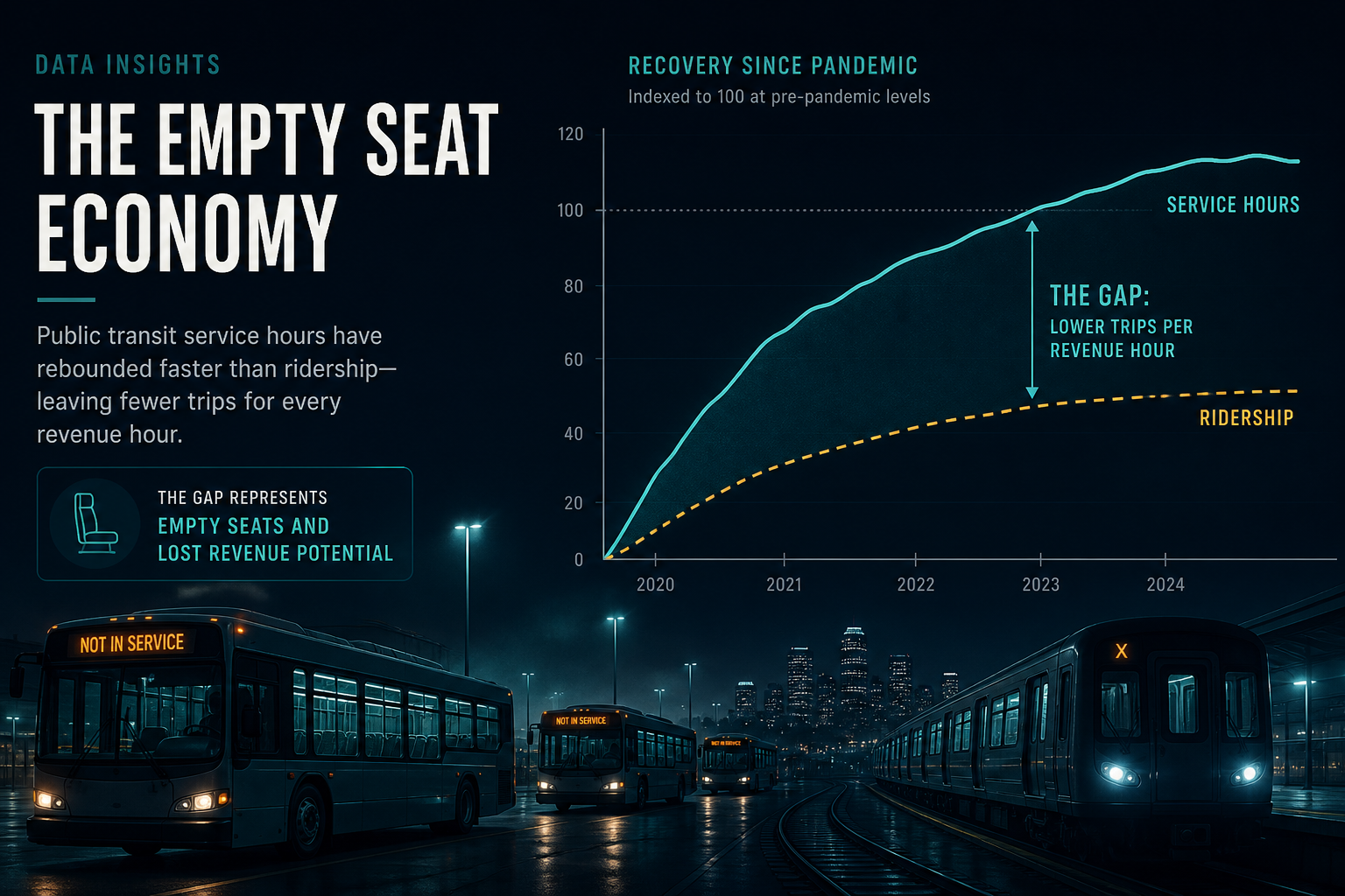 Dark navy cinematic transit depot with teal service-hours curve above a dashed amber ridership curve, gap illustrating lower trips per revenue hour